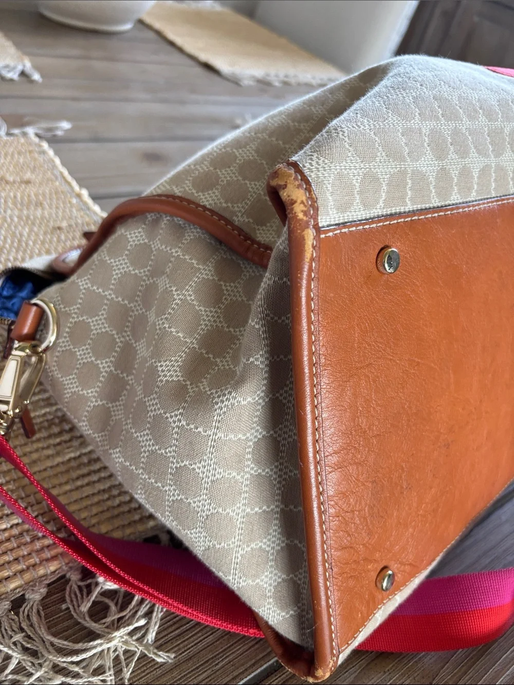kate spade Beige Monogram Travel Tote with Pink and Red Stripe